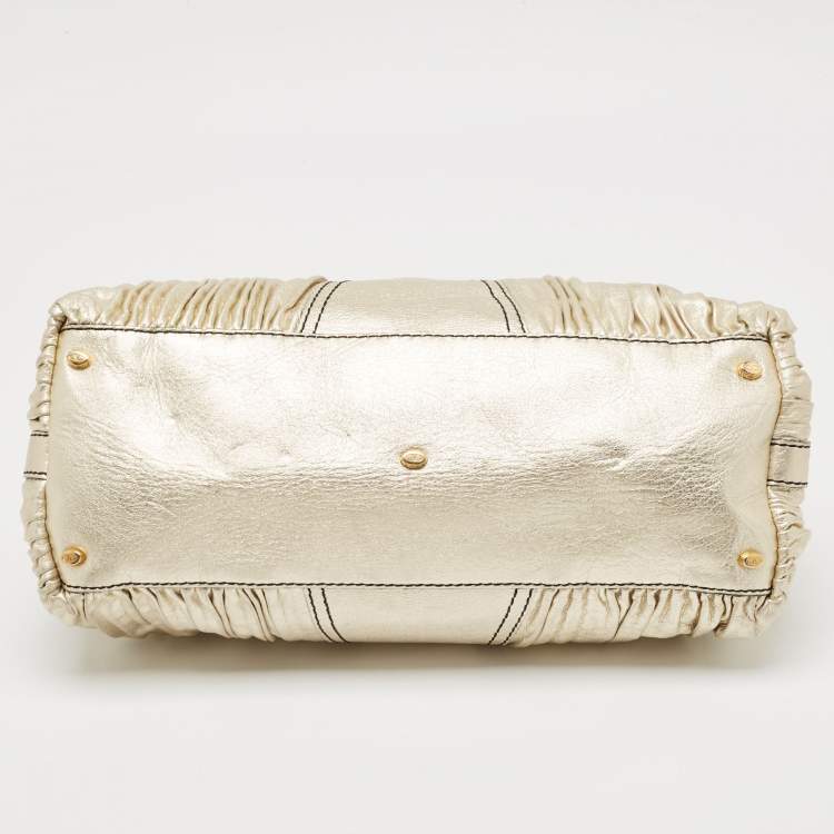 Pre Owned Valentino Gold Pleated Leather Crystal Catch Satchel