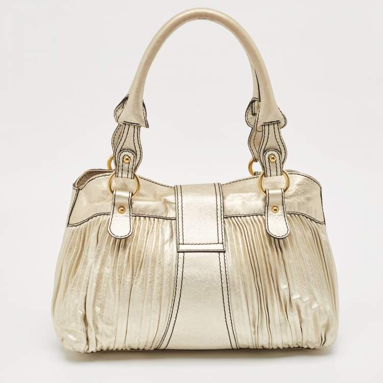 Pre Owned Valentino Gold Pleated Leather Crystal Catch Satchel