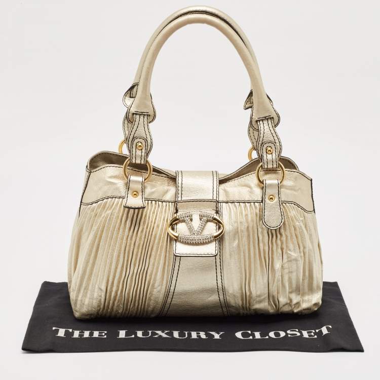 Pre Owned Valentino Gold Pleated Leather Crystal Catch Satchel