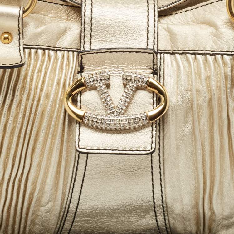 Pre Owned Valentino Gold Pleated Leather Crystal Catch Satchel