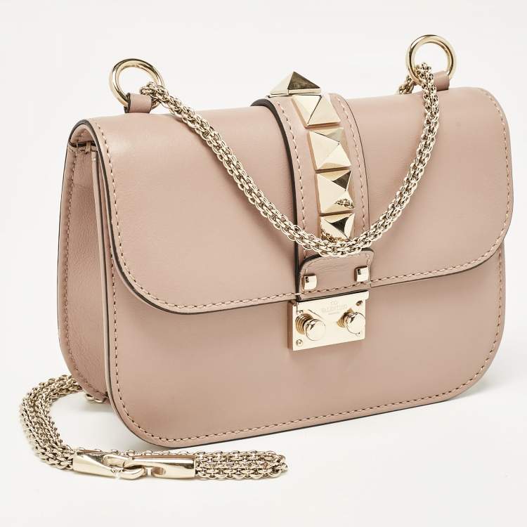 Pre Owned Valentino Beige Leather Small Rockstud Glam Lock Flap Bag