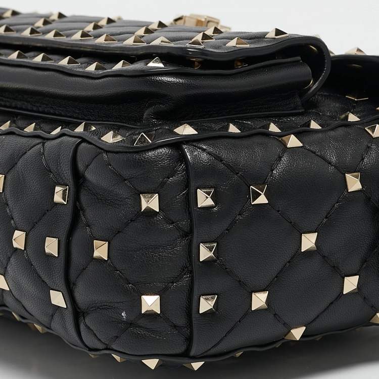 Pre Owned Valentino Black Quilted Leather Medium Rockstud Spike Top Handle Bag