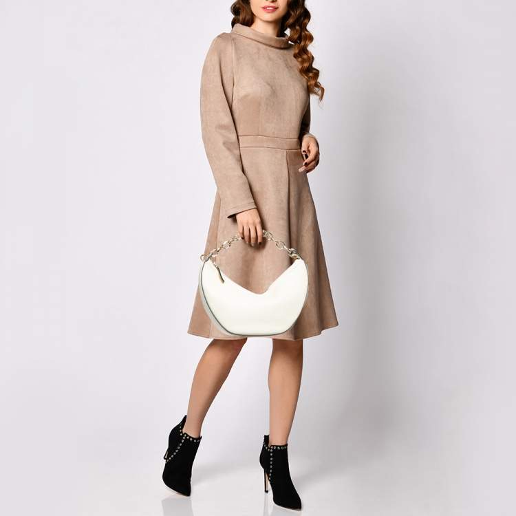 Pre Owned Valentino Off White Leather Small VLogo Moon Hobo