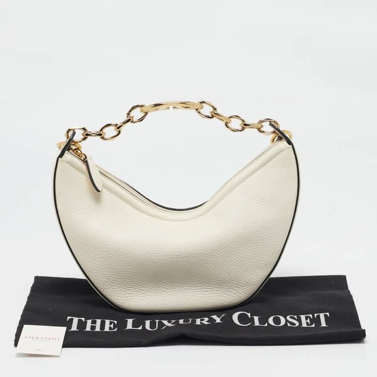 Pre Owned Valentino Off White Leather Small VLogo Moon Hobo