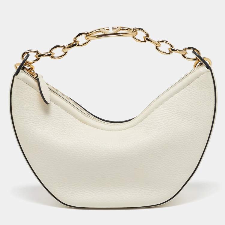 Pre Owned Valentino Off White Leather Small VLogo Moon Hobo