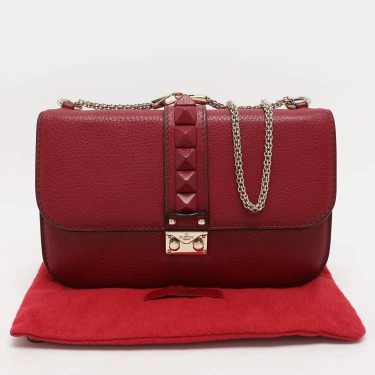 Pre Owned Valentino Burgundy Leather Medium Rockstud Glam Lock Flap Bag