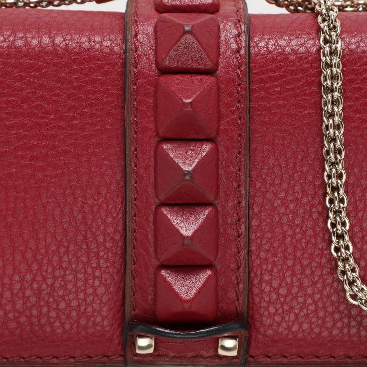 Pre Owned Valentino Burgundy Leather Medium Rockstud Glam Lock Flap Bag