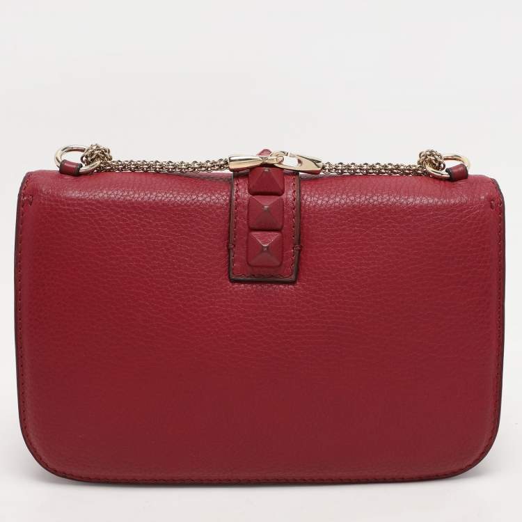 Pre Owned Valentino Burgundy Leather Medium Rockstud Glam Lock Flap Bag