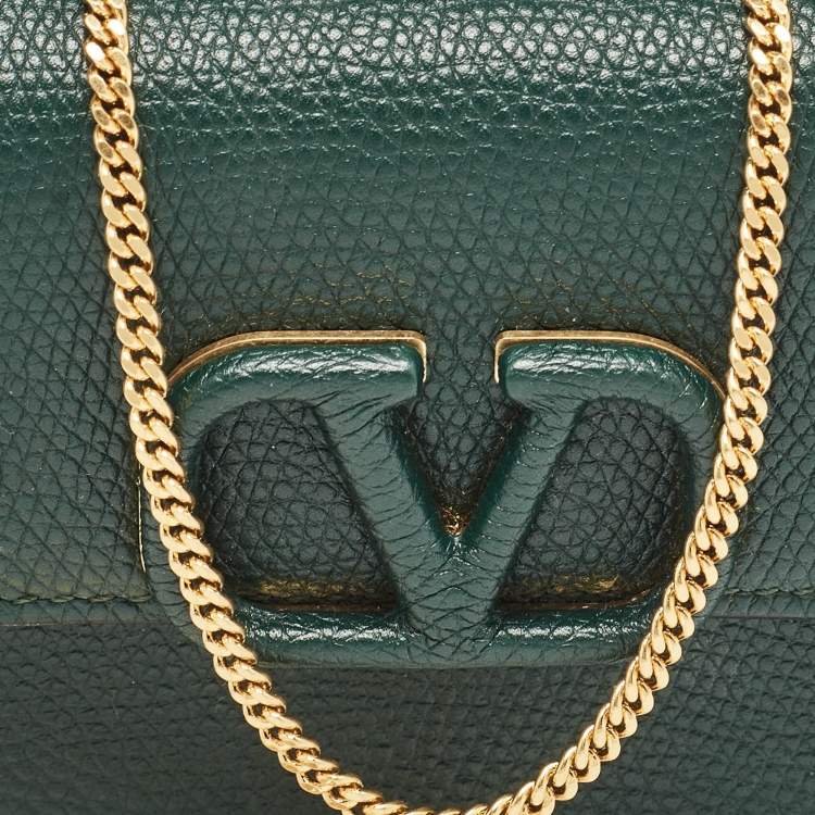 Pre Owned Valentino Dark Green Leather Mini VSling Shoulder Bag