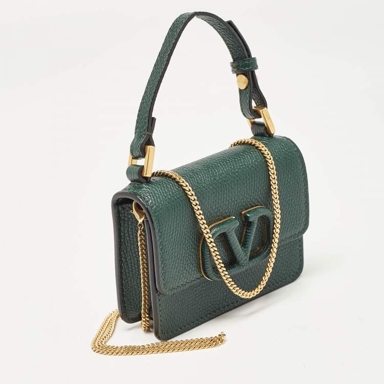 Pre Owned Valentino Dark Green Leather Mini VSling Shoulder Bag