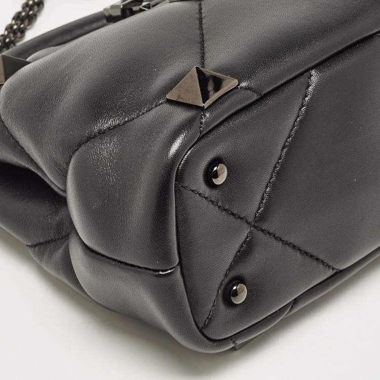 Pre Owned Valentino Black Quilted Leather Mini Roman Stud Top Handle Bag