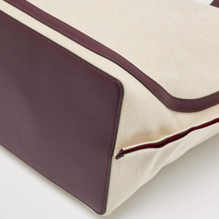 Pre Owned Valentino Burgundy/Beige Canvas and Leather Escape V logo Tote