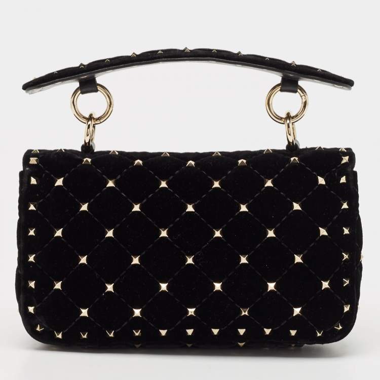 Pre Owned Valentino Black Quilted Velvet Small Butterfly Rockstud Spike Top Handle Bag