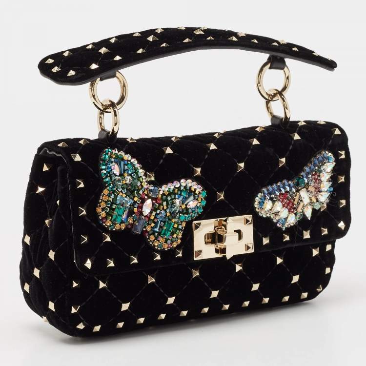 Pre Owned Valentino Black Quilted Velvet Small Butterfly Rockstud Spike Top Handle Bag