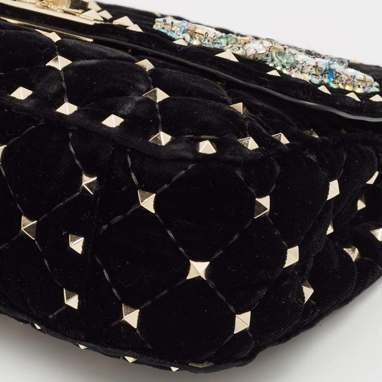 Pre Owned Valentino Black Quilted Velvet Small Butterfly Rockstud Spike Top Handle Bag