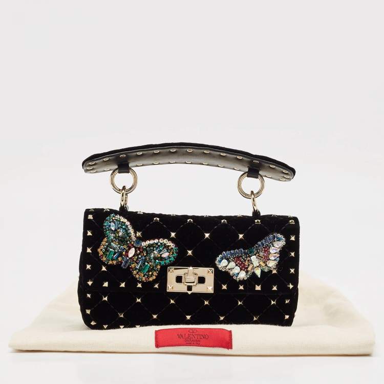 Pre Owned Valentino Black Quilted Velvet Small Butterfly Rockstud Spike Top Handle Bag
