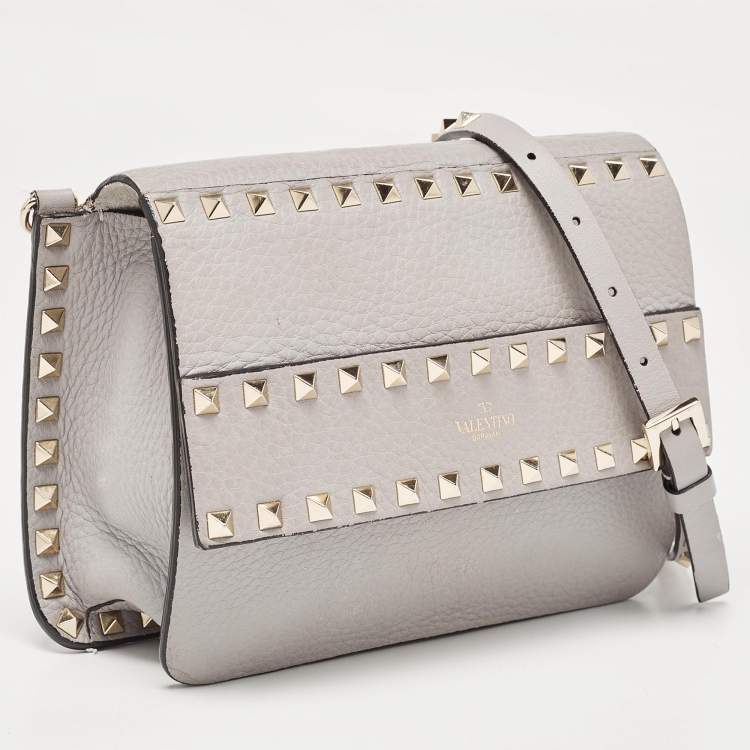 Pre Owned Valentino Grey Leather Rockstud Side Slip Crossbody Bag