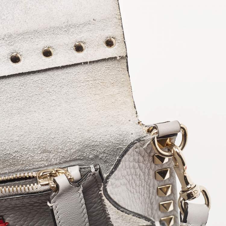 Pre Owned Valentino Grey Leather Rockstud Side Slip Crossbody Bag