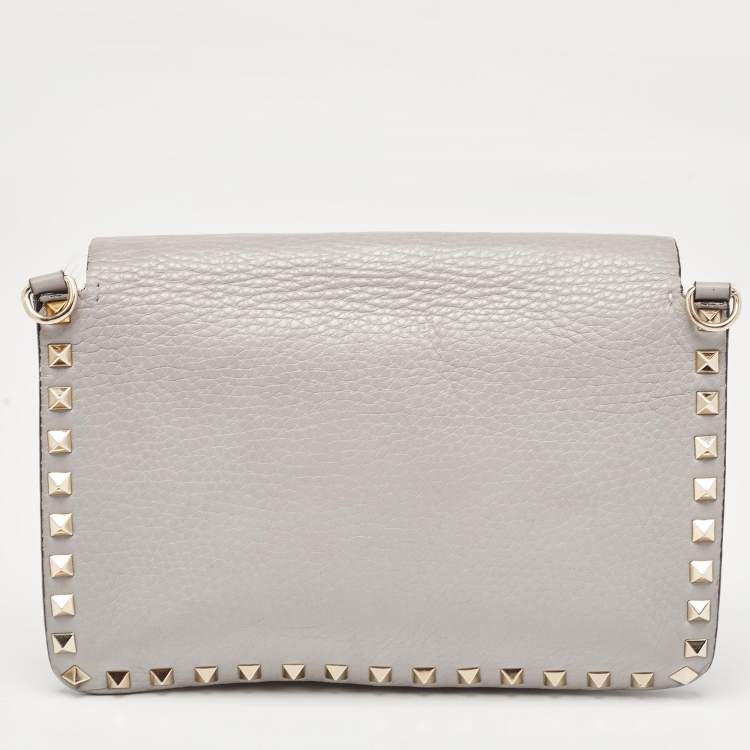 Pre Owned Valentino Grey Leather Rockstud Side Slip Crossbody Bag