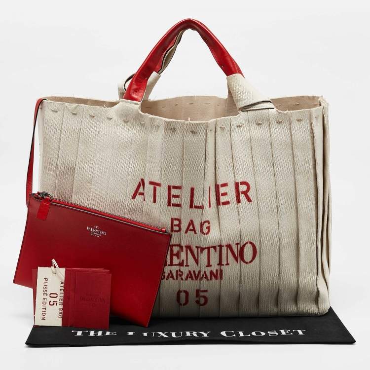 Pre Owned Valentino Red/Natural Canvas Large Plisse Edition Atelier 05 Tote