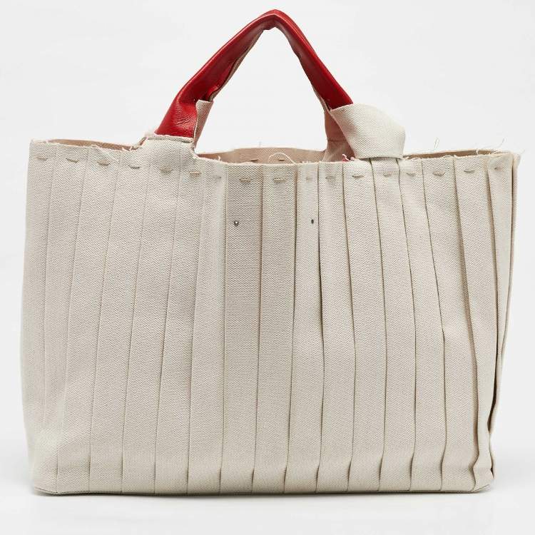 Pre Owned Valentino Red/Natural Canvas Large Plisse Edition Atelier 05 Tote