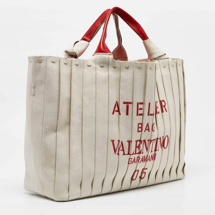 Pre Owned Valentino Red/Natural Canvas Large Plisse Edition Atelier 05 Tote