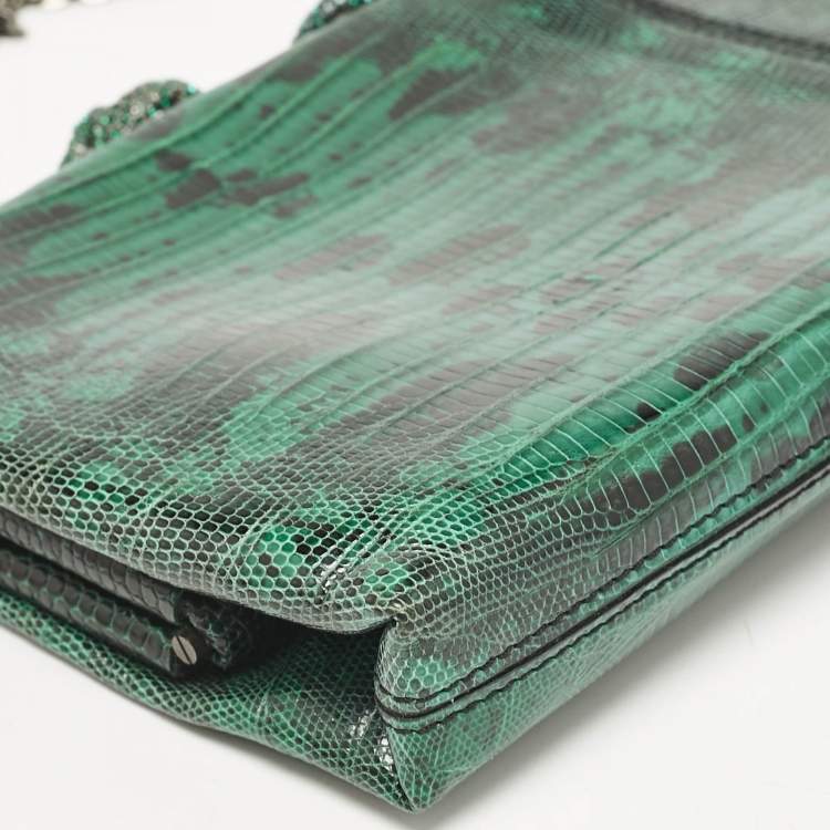 Pre Owned Valentino Green/Black Lizard Leather Snake Crystals Chain Clutch