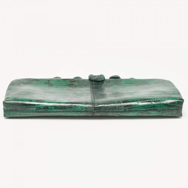 Pre Owned Valentino Green/Black Lizard Leather Snake Crystals Chain Clutch