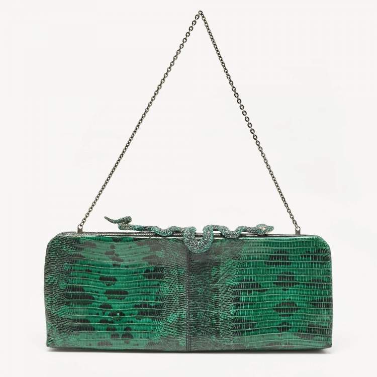 Pre Owned Valentino Green/Black Lizard Leather Snake Crystals Chain Clutch