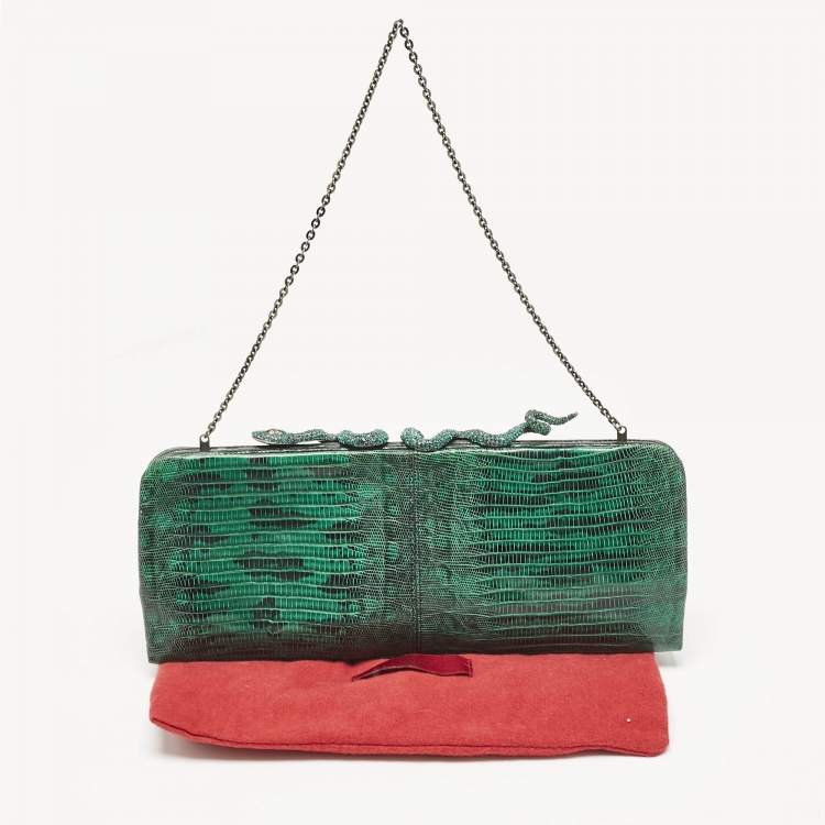 Pre Owned Valentino Green/Black Lizard Leather Snake Crystals Chain Clutch