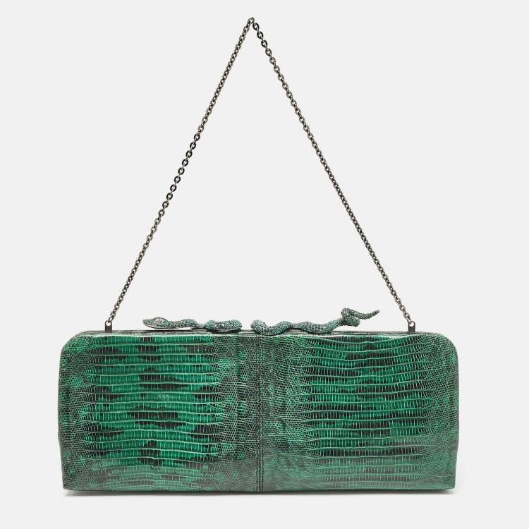 Pre Owned Valentino Green/Black Lizard Leather Snake Crystals Chain Clutch