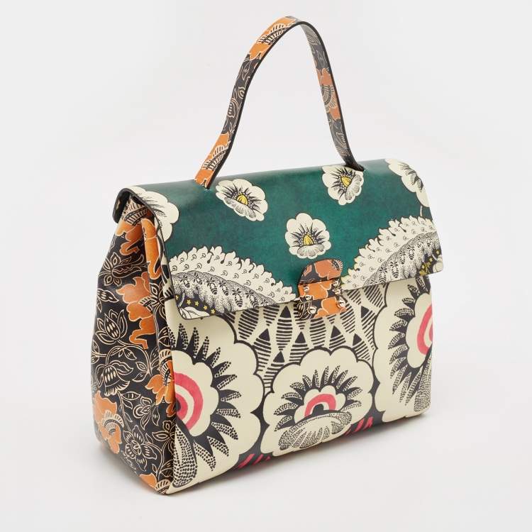 Pre Owned Valentino Multicolor Floral Print Leather Mime Top Handle Bag