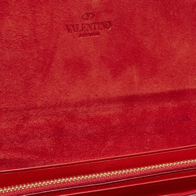 Pre Owned Valentino Red Patent Leather Crystals Catch Flap Continental Wallet