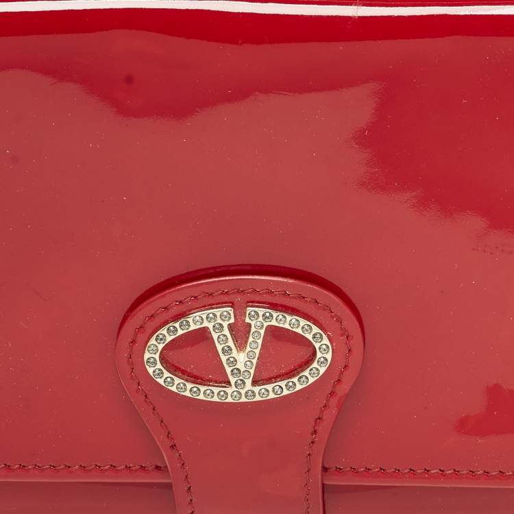 Pre Owned Valentino Red Patent Leather Crystals Catch Flap Continental Wallet