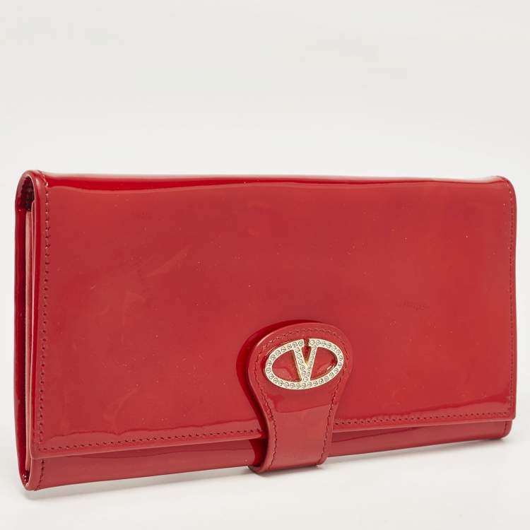 Pre Owned Valentino Red Patent Leather Crystals Catch Flap Continental Wallet
