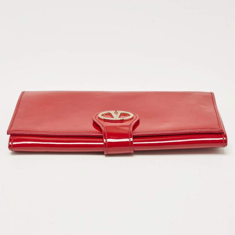 Pre Owned Valentino Red Patent Leather Crystals Catch Flap Continental Wallet