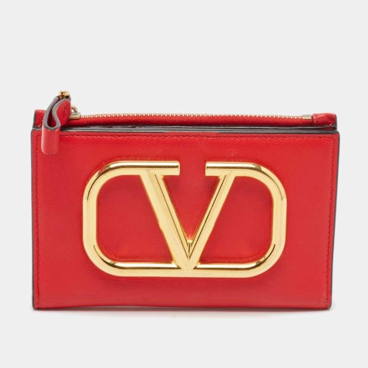 Pre Owned Valentino Red Leather VLogo Bifold Card Case