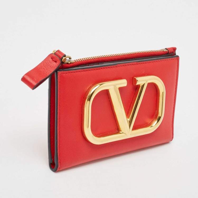 Pre Owned Valentino Red Leather VLogo Bifold Card Case