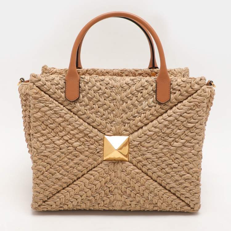 Pre Owned Valentino Beige/Brown Leather and Raffia Medium One Stud Tote