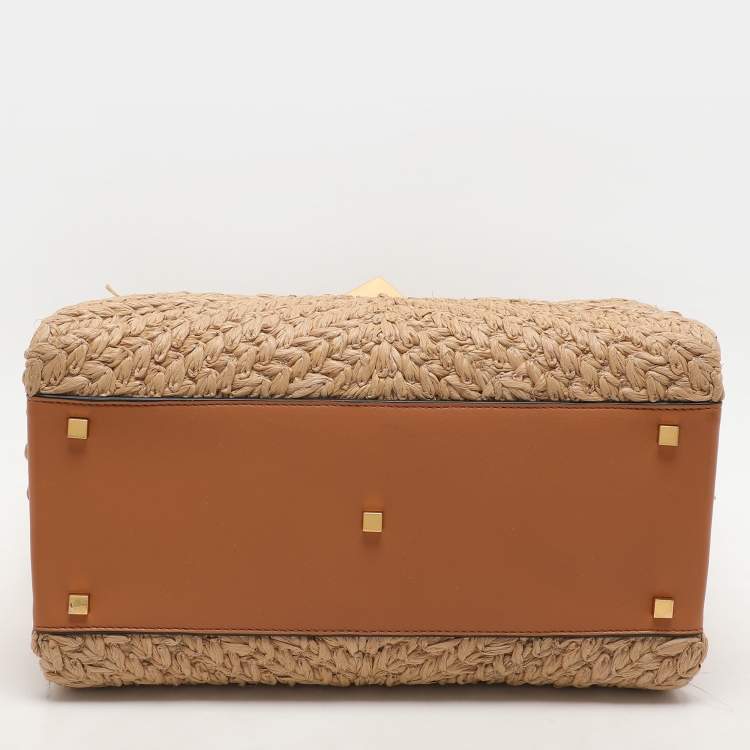 Pre Owned Valentino Beige/Brown Leather and Raffia Medium One Stud Tote