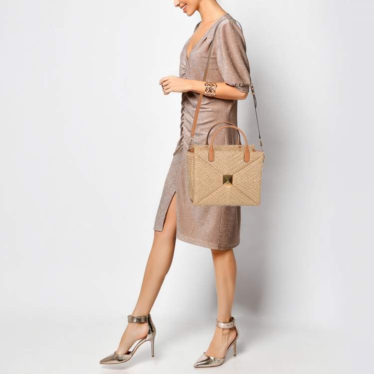 Pre Owned Valentino Beige/Brown Leather and Raffia Medium One Stud Tote