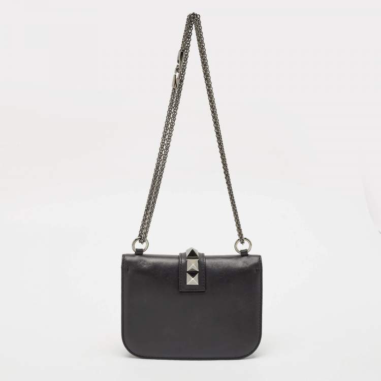 Pre Owned Valentino Black Leather Small Glam Lock Chain Shoulder Bag