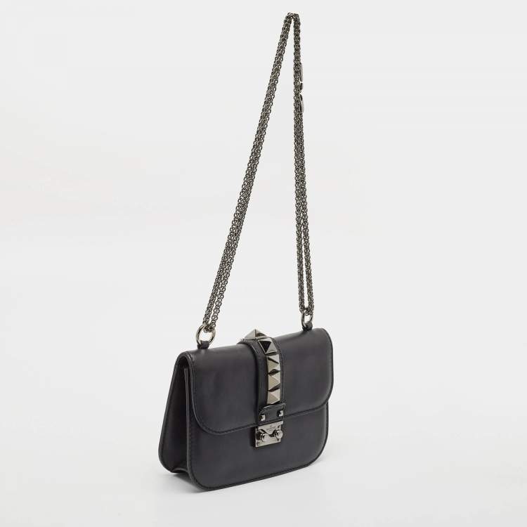 Pre Owned Valentino Black Leather Small Glam Lock Chain Shoulder Bag