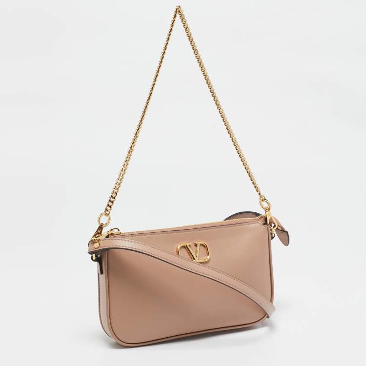Pre Owned Valentino Beige Leather Mini VLogo Crossbody Bag