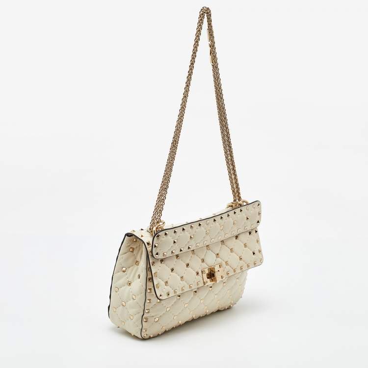 Pre Owned Valentino Off White Leather Medium Rockstud Spike Top Handle Bag