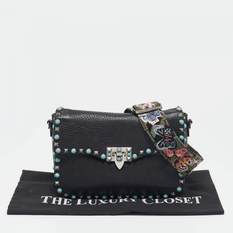 Pre Owned Valentino Black Leather Rockstud Rolling Crossbody Bag