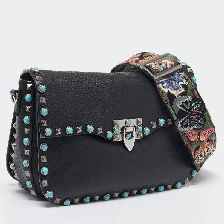 Pre Owned Valentino Black Leather Rockstud Rolling Crossbody Bag