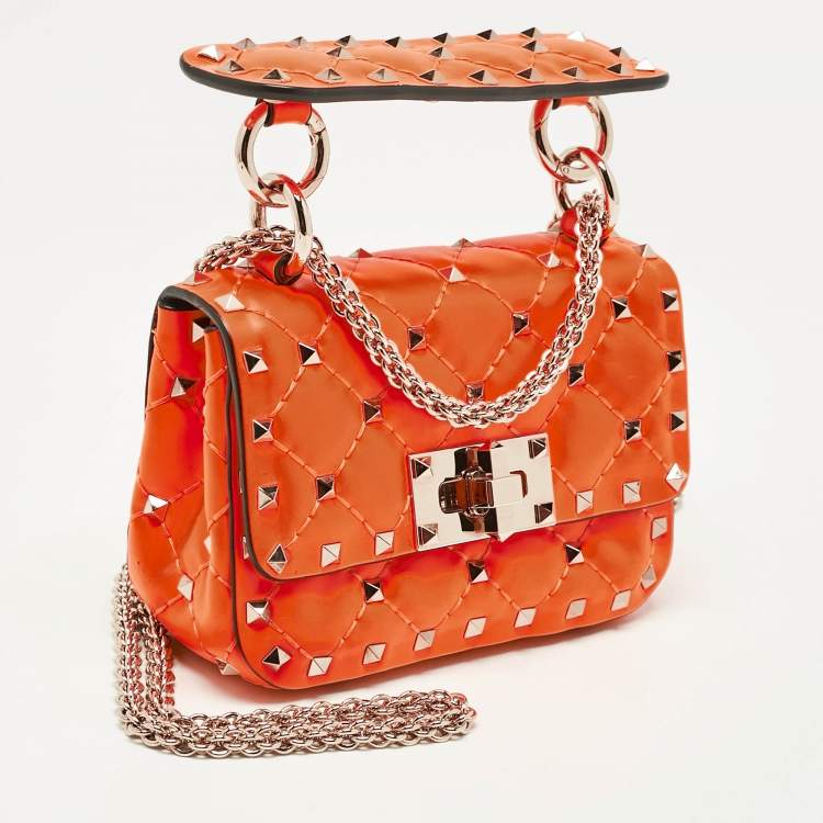 Pre Owned Valentino Neon Orange Leather Micro Rockstud Spike Crossbody Bag