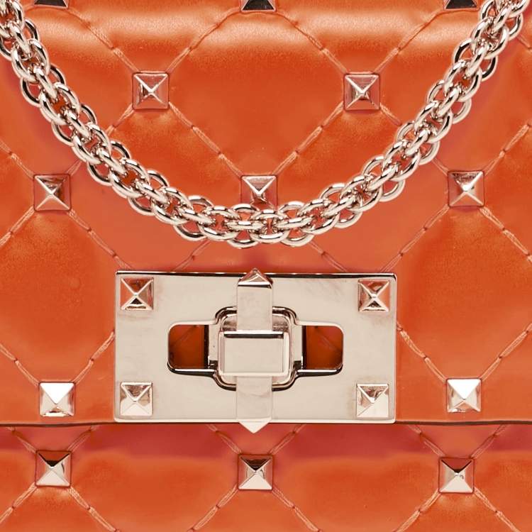 Pre Owned Valentino Neon Orange Leather Micro Rockstud Spike Crossbody Bag