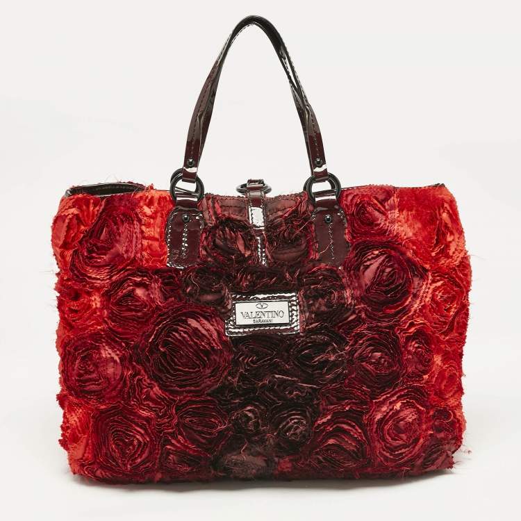 Pre Owned Valentino Red/Burgundy Nylon Large Flower Applique Tote
